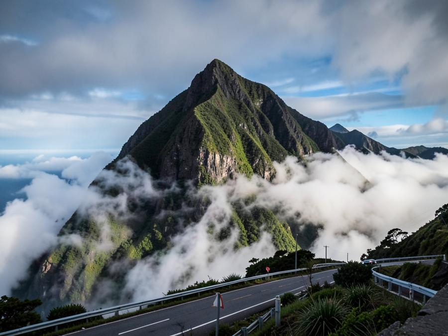Madeira mountain peak rising above the clouds beside a road